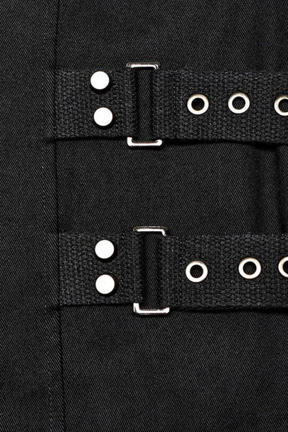 Black Stand Collar Side Waist Webbing Decorative Stitching Steampunk Vest