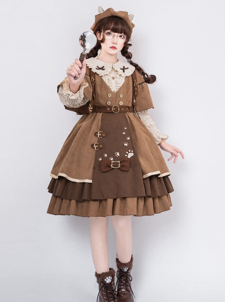 Cat Detective Skirt + Ruffle Blouse + Belt + Ear Hat + Shawl