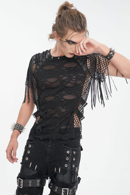 Black Round Collar Mesh Stitching Punk T-shirt