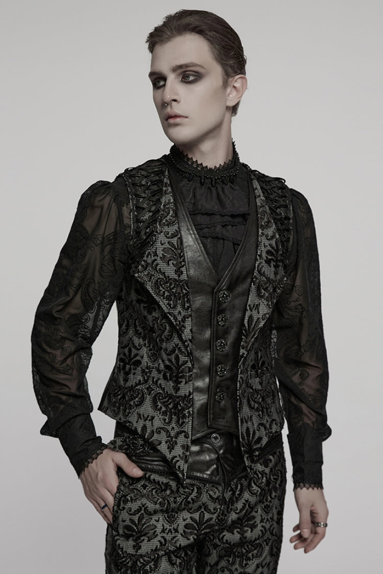 Black V Collar Long Sleeves Embroidery Gothic Vest