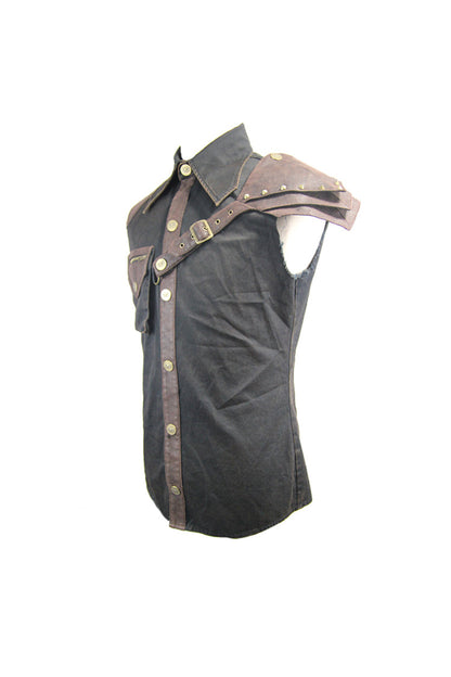 Black Twill Brown One Shoulder Armor Heat Seal Hasp Sleeveless Punk Shirt