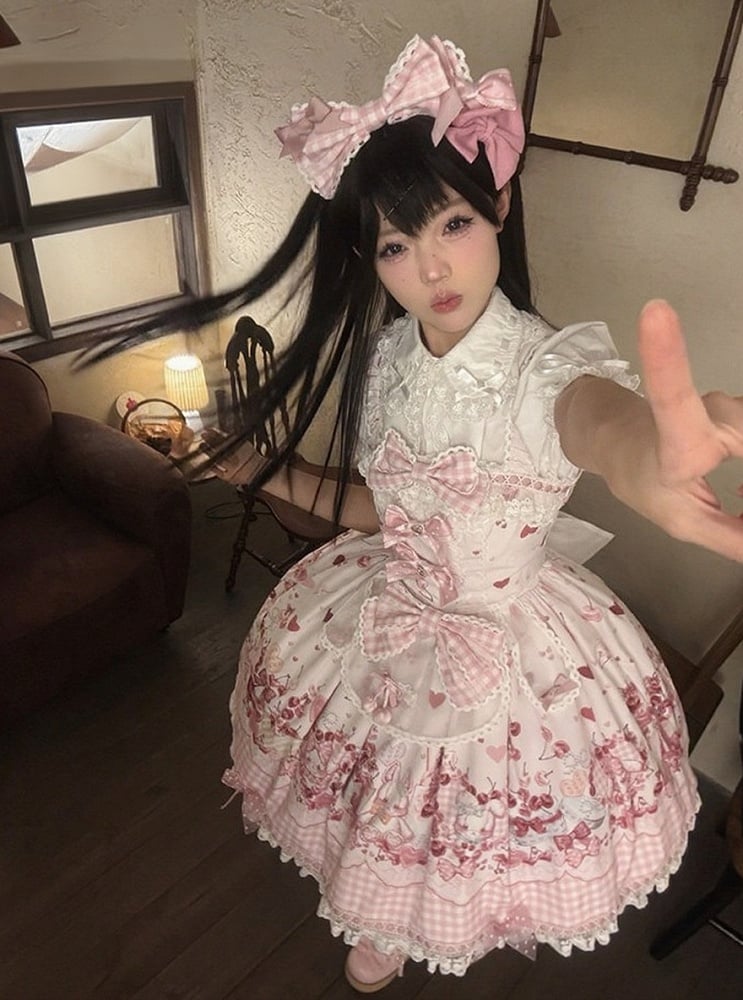 [pre-order Deadline: May 5] Pink Cherry Print Lace Ribbon Bunny Ear Apron Jsk Dress + Accessories