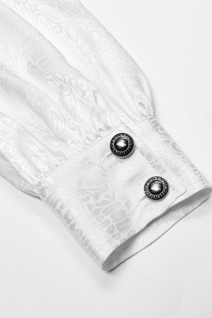 White Gothic Jacquard High Collar Front Chest Flounce Retro Metal Button Lantern Sleeve Shirt