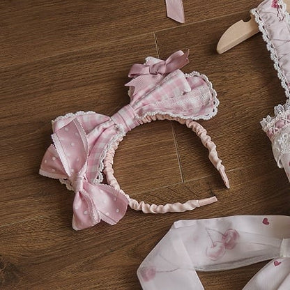 [pre-order Deadline: May 5] Pink Cherry Print Lace Ribbon Bunny Ear Apron Jsk Dress + Accessories