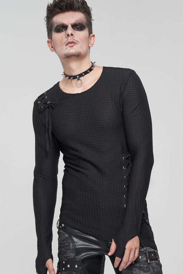 Black Gothic Asymmetry Drawstring Decoration Coarse Net Shirt