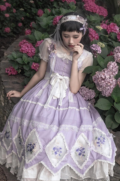 Purple Print Ruffle Embroidery Bowknot Classic Lolita Dress