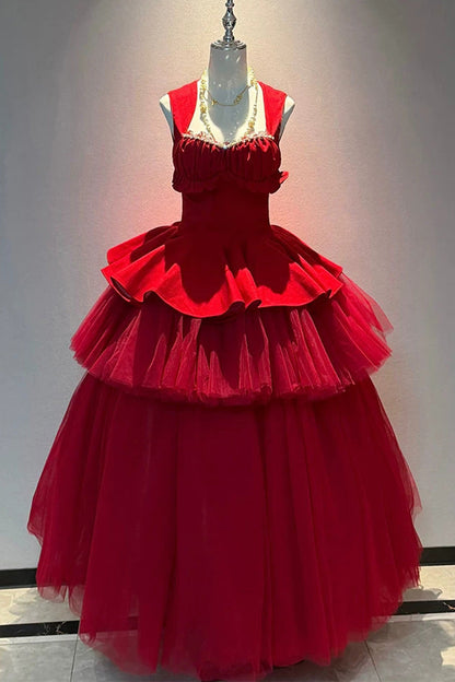 Red [romantic Rose] Square Collar Sleeveless Ruffled Classic Ballet Lolita Dress