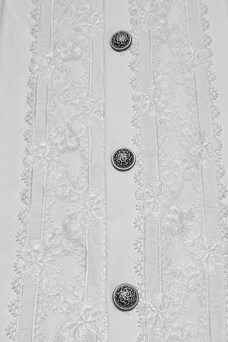 White Stand Collar Long Sleeves Ruffle Embroidery Pleated Gothic Blouse