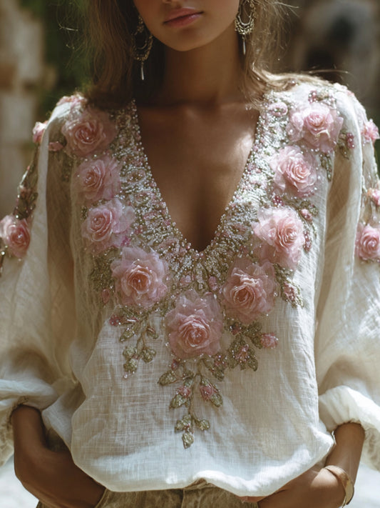 Women's White Romantic Vintage V-neck Long-sleeved Shirt elevenforest