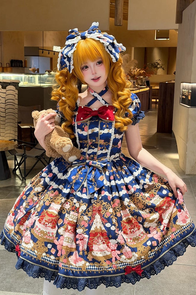 [pre-order Deadline: April 26] Retro Romance Sweet Lolita Ribbon Cake Print Halter Neck Dress
