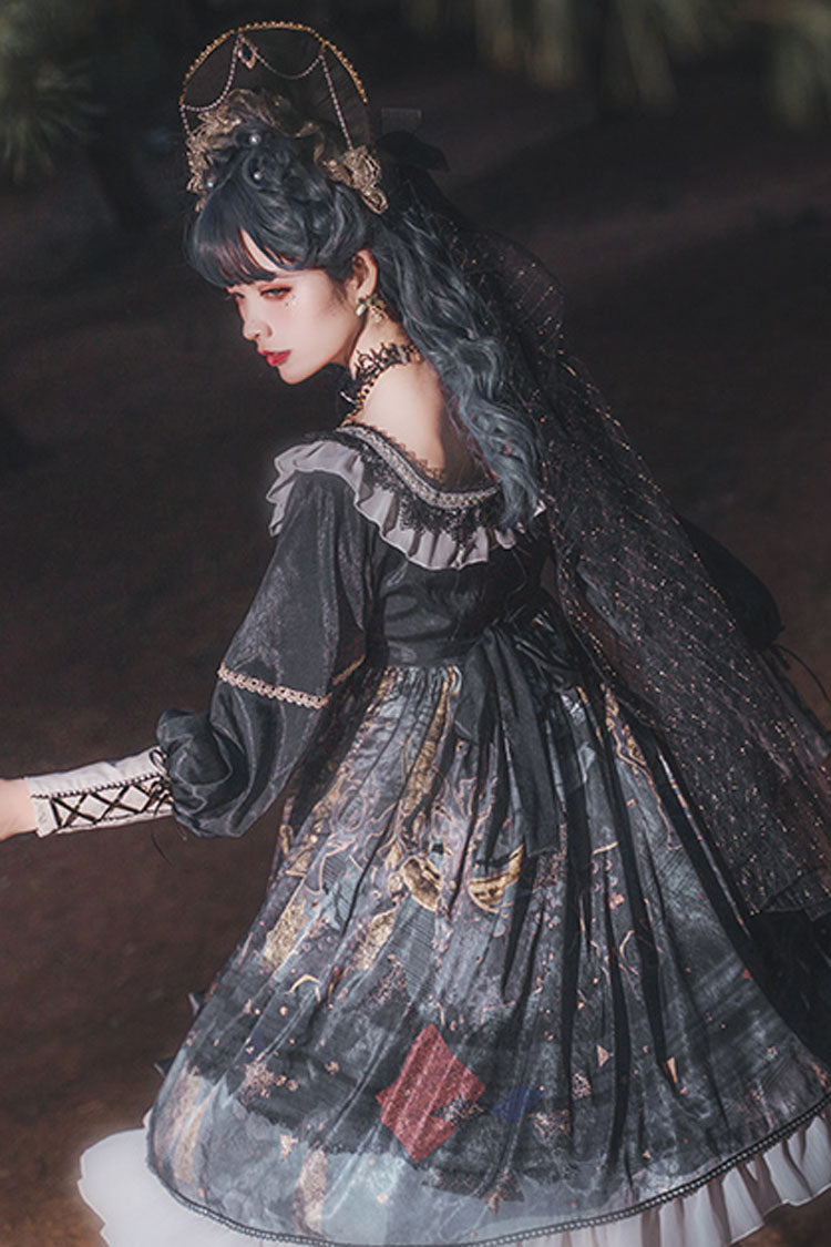 Black Long Sleeves Mist Print Classic Lolita Op Dress