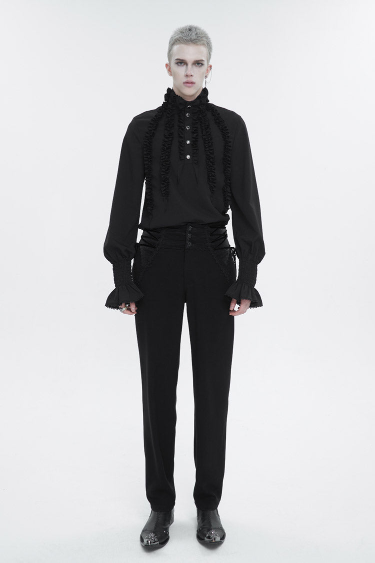 Black Irregular Stand Collar Puff Sleeved Ruffled Gothic Shirt