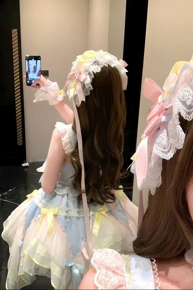 [pre-order Deadline: May 8] Pink X Green/blue X Yellow Fairy Princess Lolita Tulle Lace Bow Layered Dress