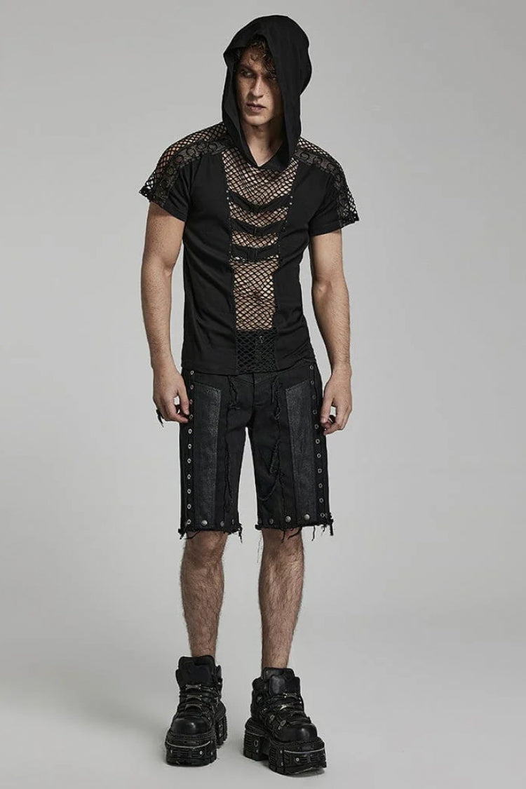 Black Short Sleeves Hollow Stitching Hooded Mesh Steampunk T-shirt