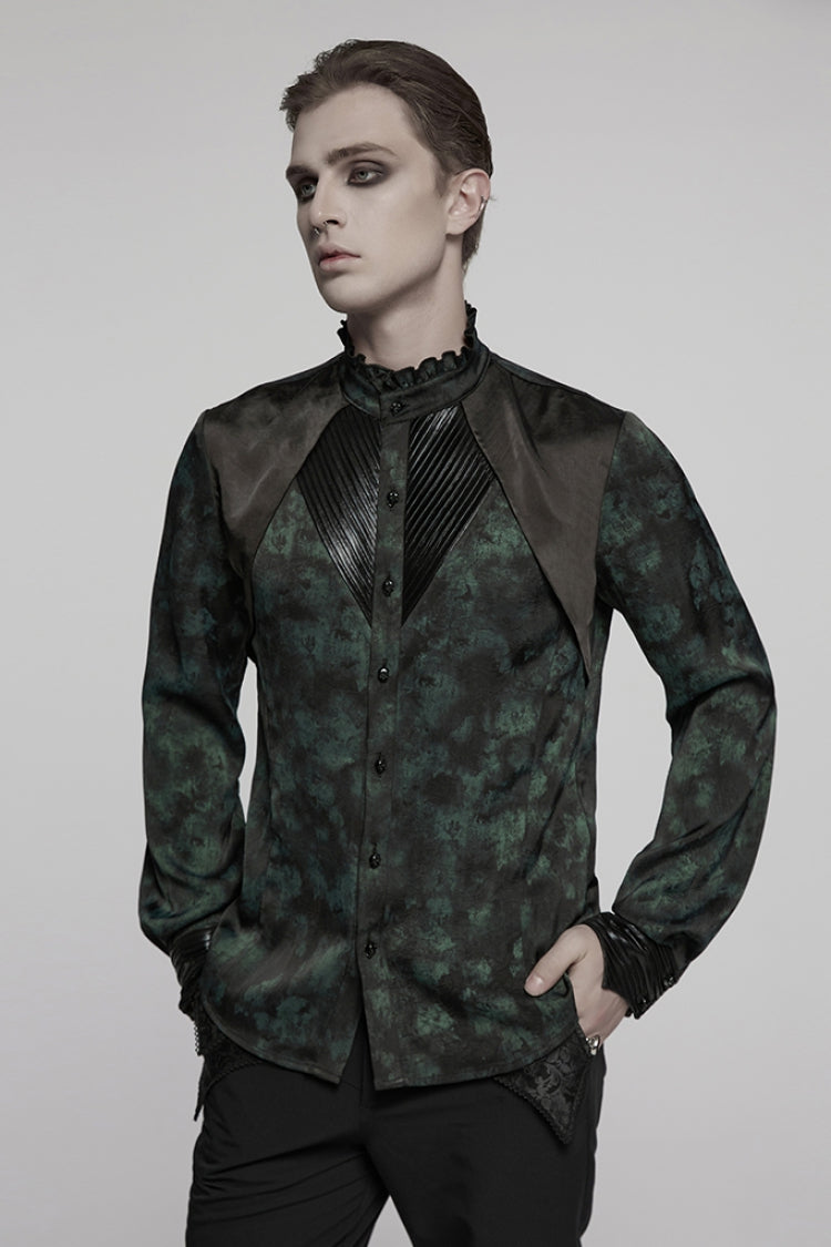 Black/green Stand Collar Long Sleeves Ruffle Pleated Gothic Blouse