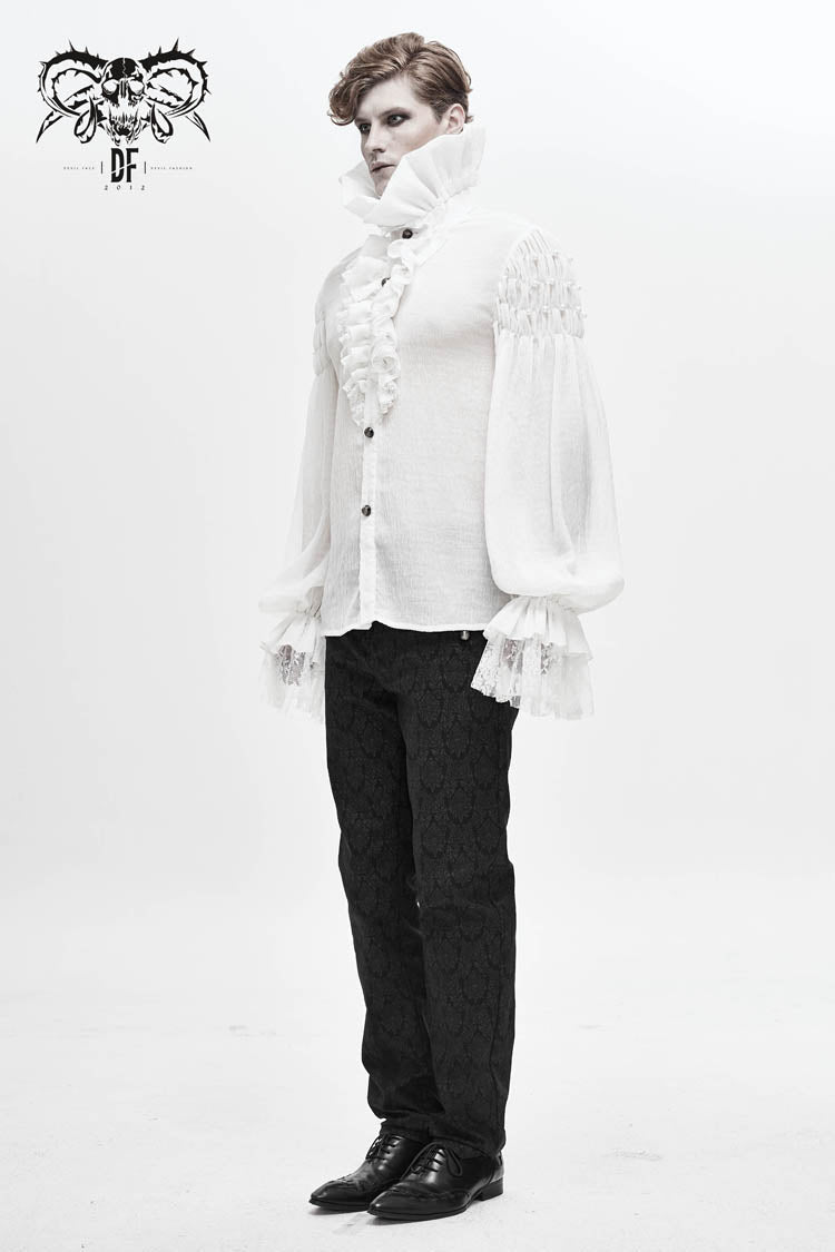 White Ruffle Stand Collar Lantern Sleeves Jacquard Gothic Blouse