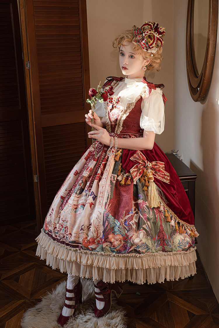 Red [kaleidoscope of Dreams] Sleeveless Double-layered Print Embroidery Bowknot Classic Lolita Jsk Dress