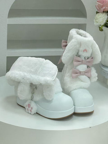 Thick-soled Boots With Rabbit-ear Fur Ribbon