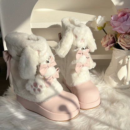 Thick-soled Boots With Rabbit-ear Fur Ribbon