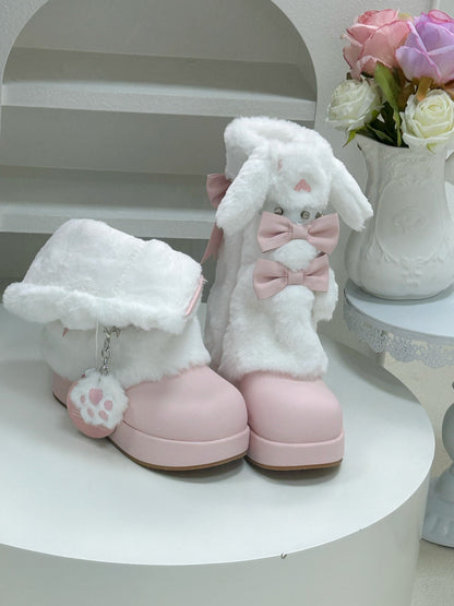 Thick-soled Boots With Rabbit-ear Fur Ribbon