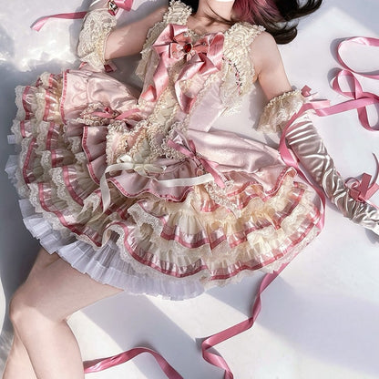 [pre-order Deadline: April 30] Sweet Pink Lolita Lace Ribbon Corset Tiered Jsk Dress