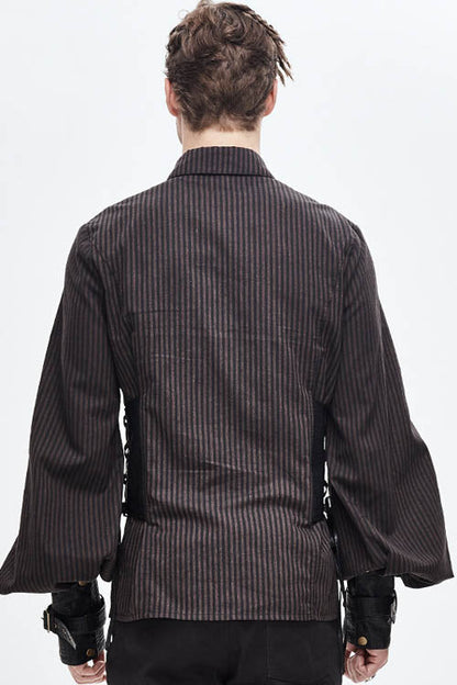 Brown Striped Waist Cuff Leather Punk Blouse