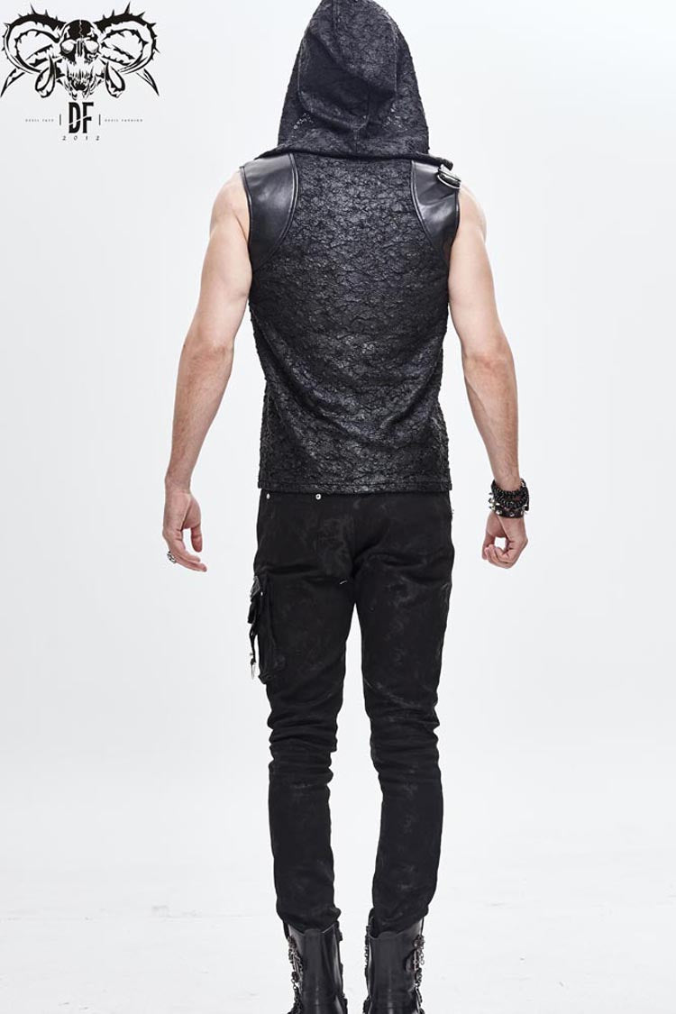 Black Hooded Tattered Chest Lace Up Metal Buckle Knit Punk Vest