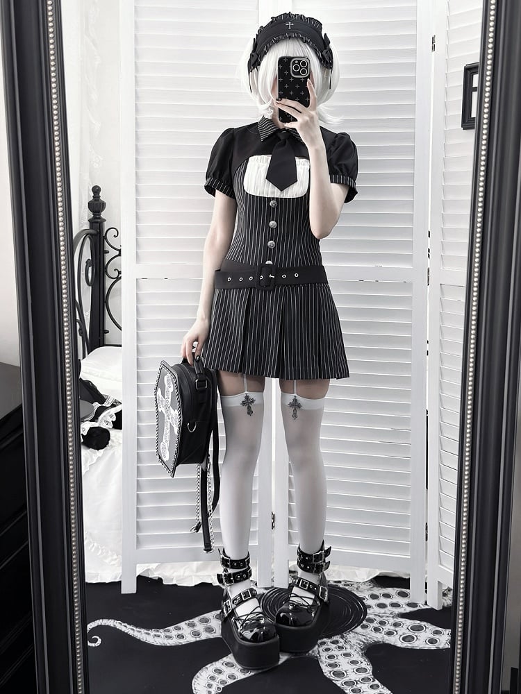 [pre-order Deadline: April 28] Black Pinstripe Tie Collar Short Jacket Dress Full Set + Jewel Casquette