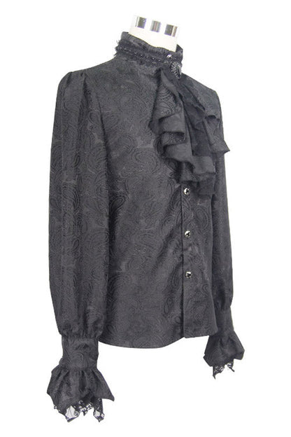 Black Shining Rose Print Lace Cuff Gothic Blouse
