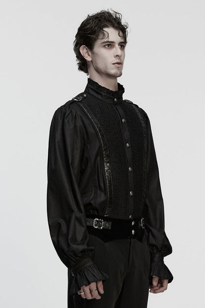 Black Stand Collar Long Puff Sleeves Ruffle Pleated Gothic Blouse