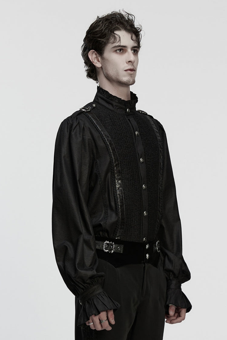 Black Stand Collar Long Puff Sleeves Ruffle Pleated Gothic Blouse