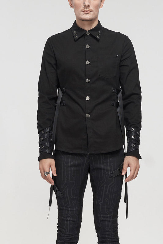 Black Nylon Strap Metal Buckle Decoration Long Sleeve Elasticity Punk Shirt