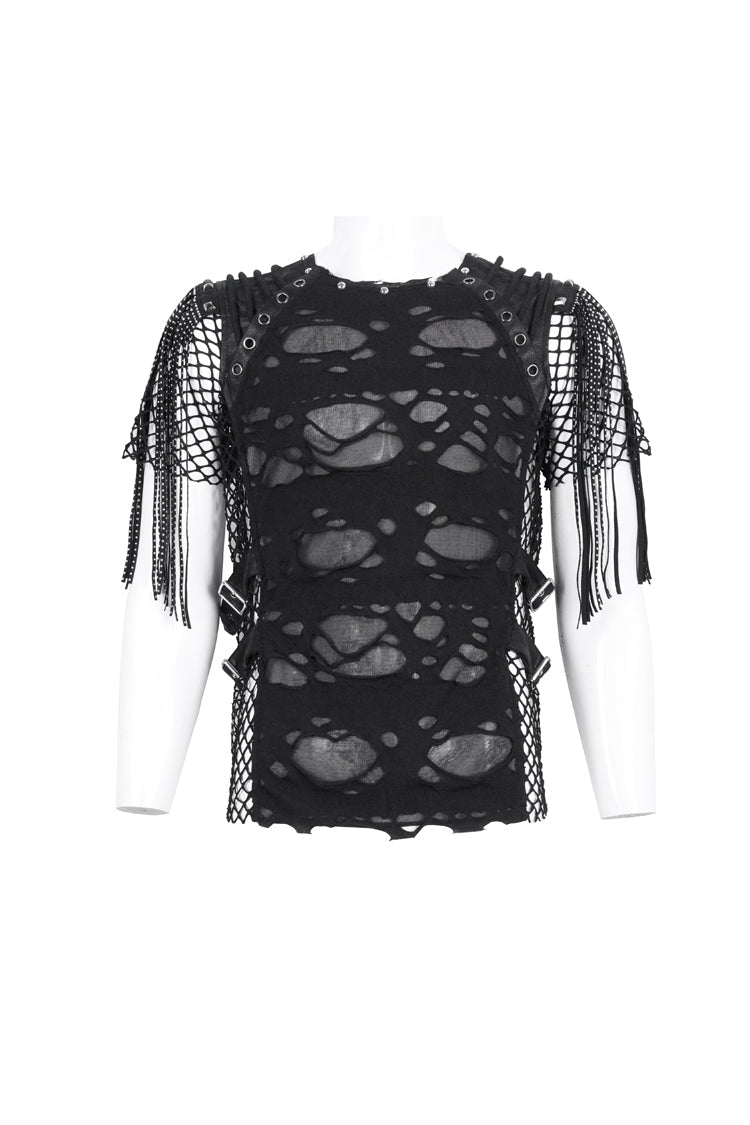 Black Round Collar Mesh Stitching Punk T-shirt