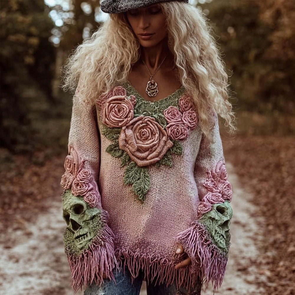 Women's Tie-dye Gradient Vintage Floral Skull Sweater elevenforest