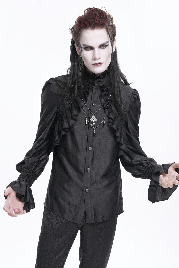 Black Stand Collar Long Sleeves Ruffle Lace Cross Gothic Blouse
