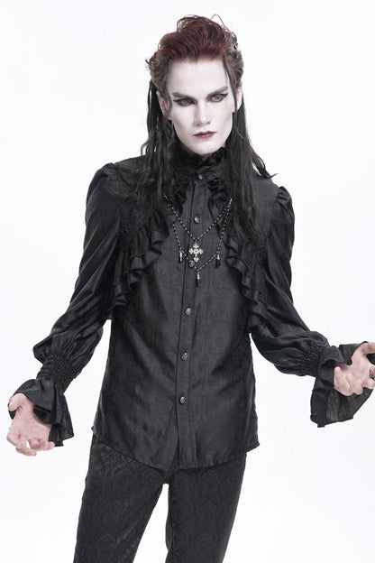 Black Stand Collar Long Sleeves Ruffle Lace Cross Gothic Blouse