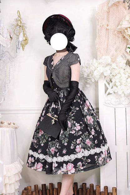 Black French Rose Print V Collar Sleeveless Ruffled Classic Lolita Jsk Dress