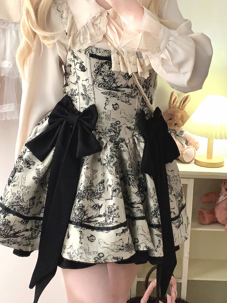 Dark Night Banquet Jacquard Retro Strapless Fishbone Bow Dress