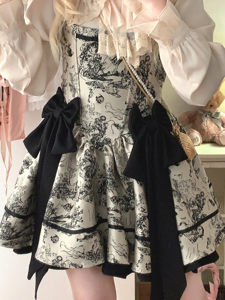 Dark Night Banquet Jacquard Retro Strapless Fishbone Bow Dress