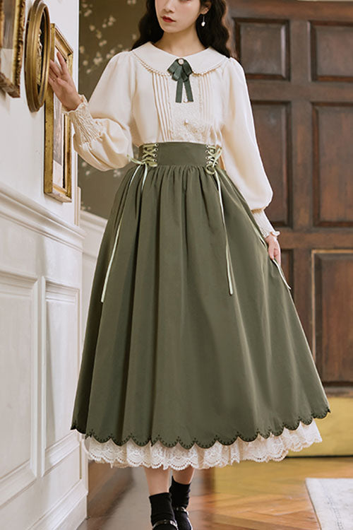 Color High Waisted Lace Wave Hem Two Pieces Classic Lolita Dress