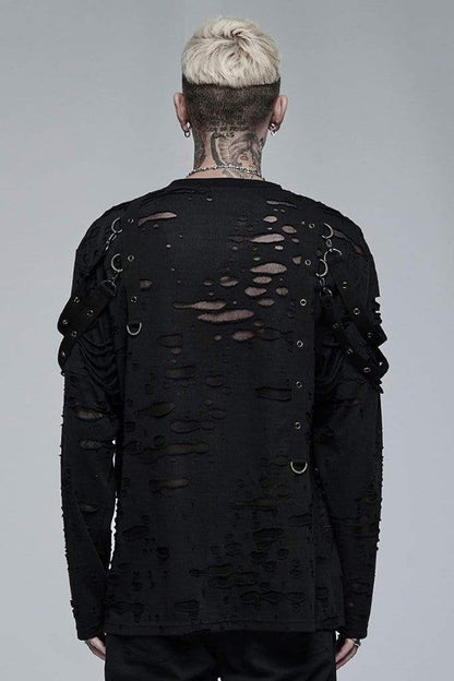 Black Gothic Broken Holes Knitted Fabric Stitching Metal Buckle Detachable Decorative Tape Long Sleeve T-shirt