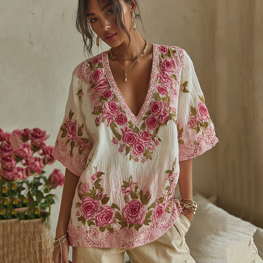 Women's Vintage Rose Floral Gradient Art V Neck Linen Comfy T-shirt elevenforest