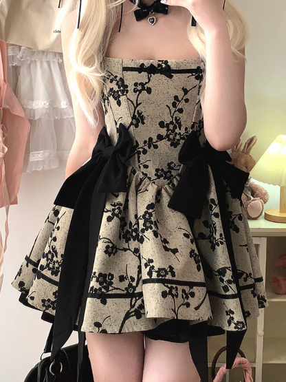 Dark Night Banquet Jacquard Retro Strapless Fishbone Bow Dress
