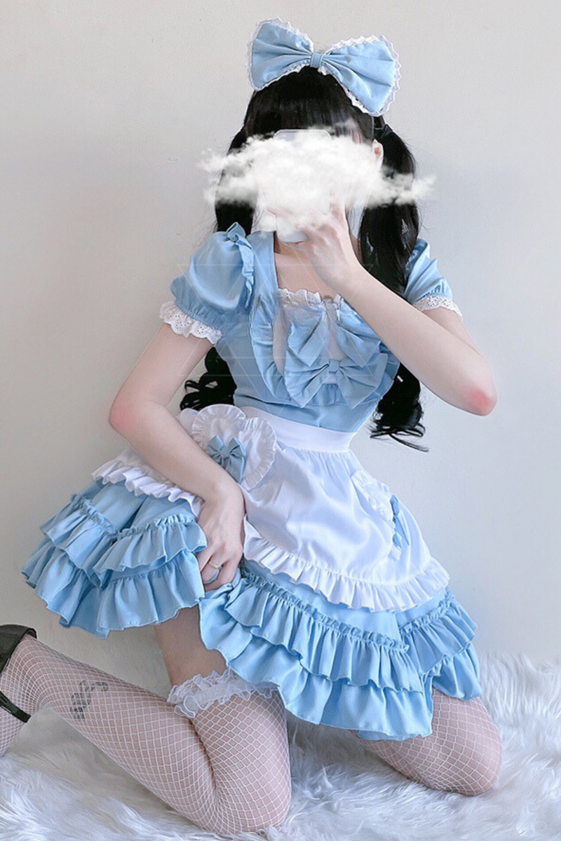 Double Ribbon Ruffle Lolita Maid Dress Set