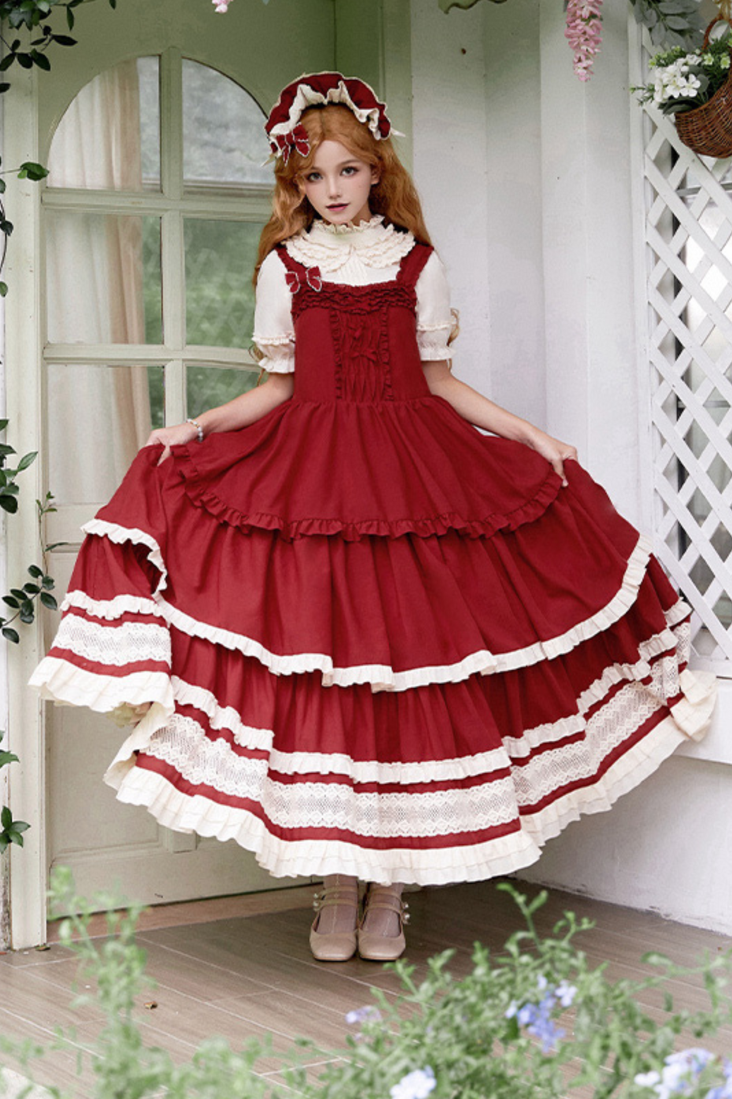 Doll Long Tiered Suspender Skirt + Shirt + Sleeves + Apron + Petticoat + Headband + Ribbon + Accessories