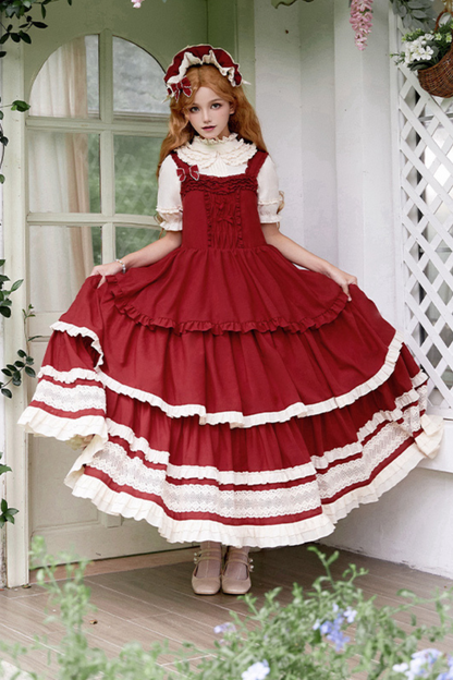 Doll Long Tiered Suspender Skirt + Shirt + Sleeves + Apron + Petticoat + Headband + Ribbon + Accessories