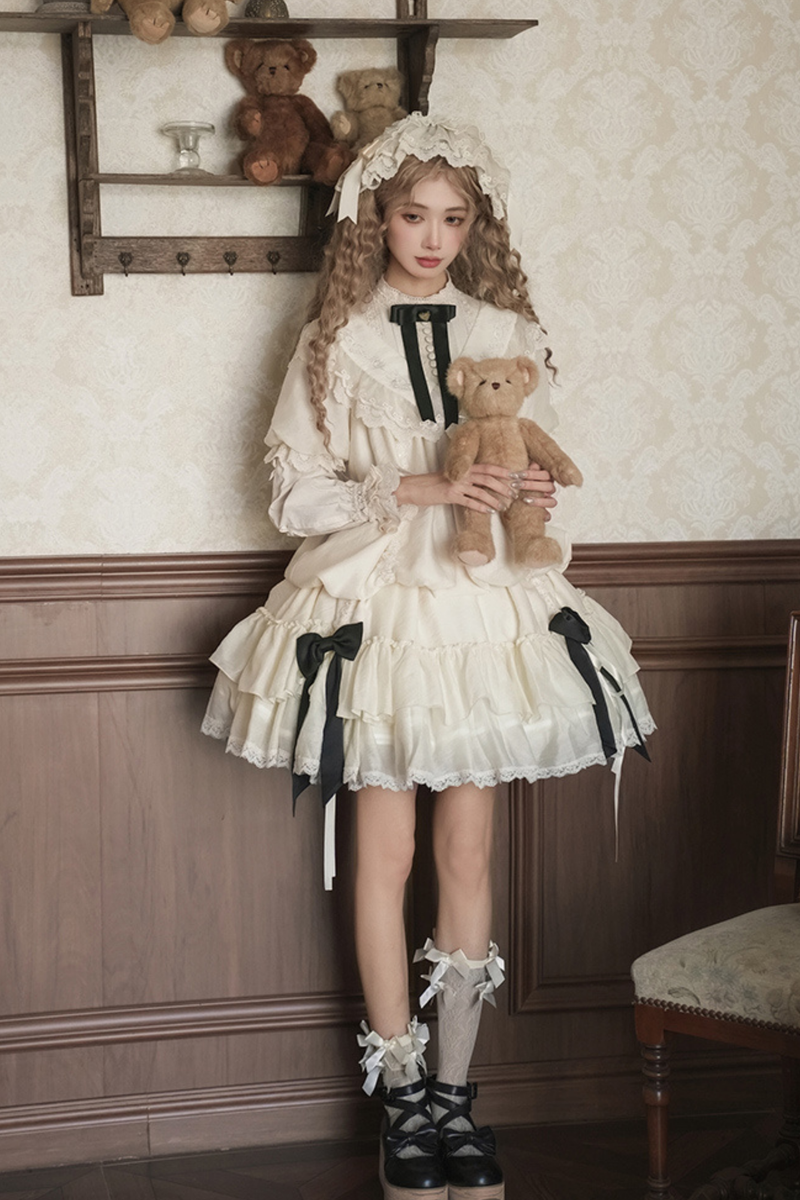 [pre-order] Rose Ruffle Lolita Dress + Dress + Belt + Brooch + Ribbon + Headband + Sleeve