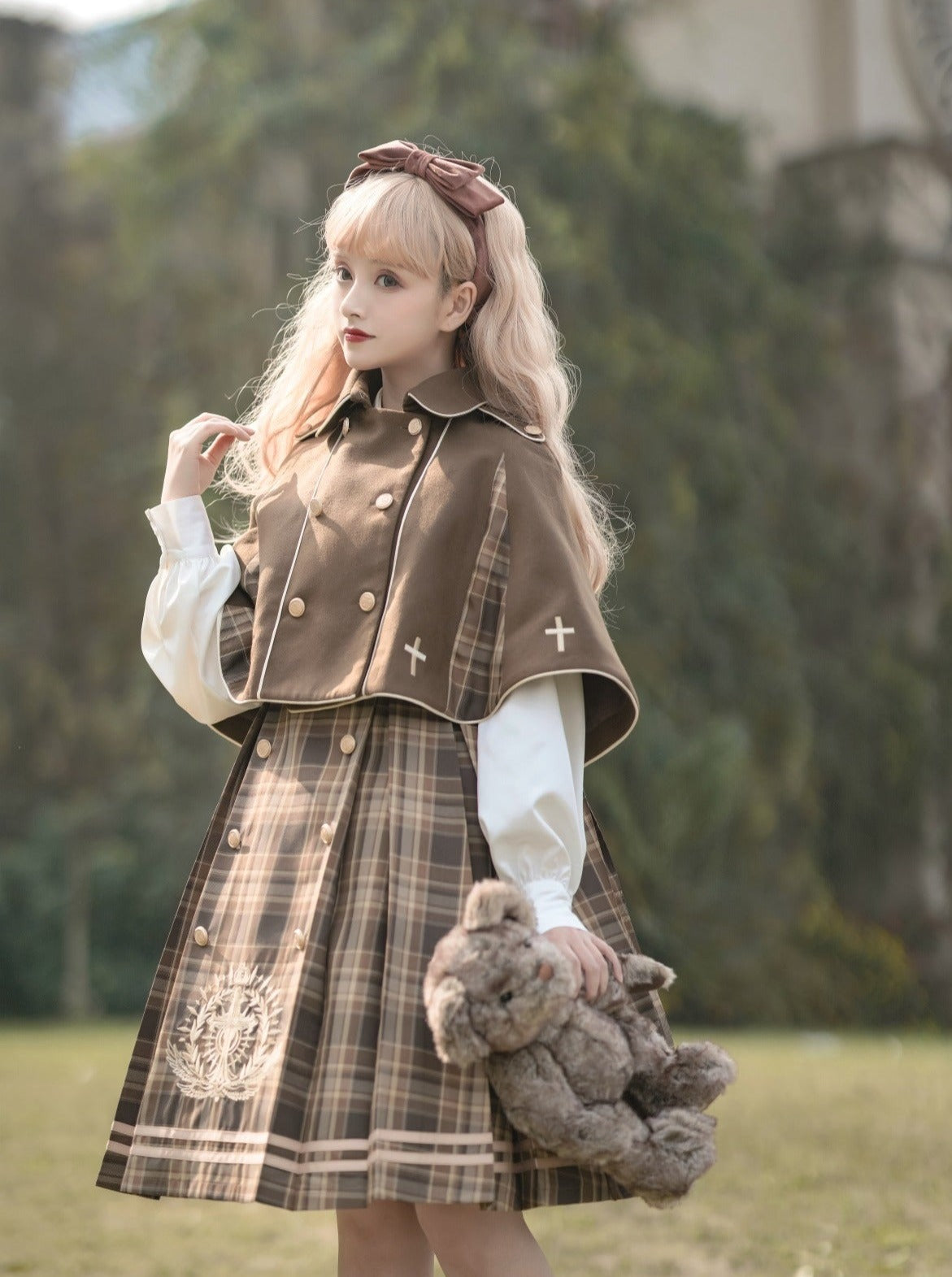 Bow Collar Volume Sleeve Plaid Dress + Cross Plaid Cape Coat