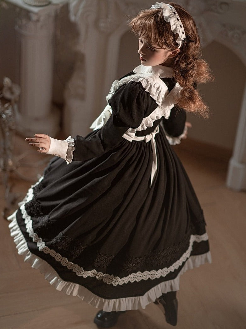 Front Ribbon Lantern Long Sleeve Maid Dress + Ruffle Big Ribbon Apron