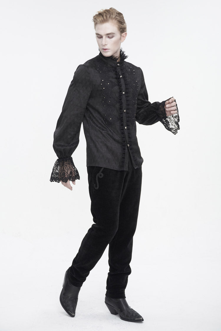 Black Stand Collar Puff Sleeved Lace Splice Gothic Shirt